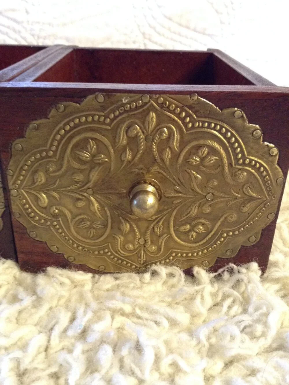 VTG '70-90's Jewelry Box wooden Boho Brass Embossed Embellishments 2 drawer